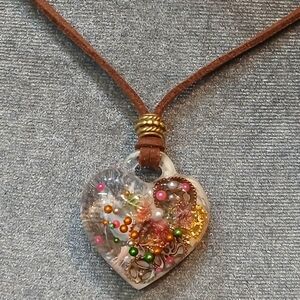 Handcrafted Brown Leather Heart Pendant Necklace with Multicolor Accent